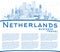 Outline Netherlands Skyline with Blue Buildings and Copy Space