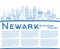 Outline Newark New Jersey City Skyline with Blue Buildings and Copy Space