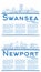 Outline Newport and Swansea Wales City Skyline Set