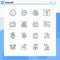 Outline Pack of 16 Universal Symbols of user, interface, user, communication, money