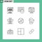 Outline Pack of 9 Universal Symbols of work, chair, hardware, video, multimedia