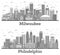 Outline Philadelphia Pennsylvania and Milwaukee Wisconsin City Skyline Set