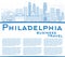 Outline Philadelphia Skyline with Blue Buildings and Copy Space.