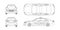 Outline police car blueprint. Front, side, back and side views. Patrol automobile drawing. Isolated image. City guard