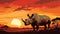 Outline the powerful silhouette of a rhinoceros in the savannah