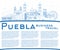 Outline Puebla Mexico City Skyline with Blue Buildings and Copy Space