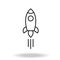 Outline rocket ship with fire. Isolated on white. Flat line icon. Vector illustration with flying rocket. Space travel. Project st