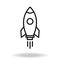 Outline rocket ship with fire. Isolated on white. Flat line icon. Vector illustration with flying rocket. Space travel. Project st