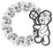 Outline round frame with shamrock contour and teddy bear. Raster