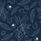 Outline seamless pattern with longan fruit. Branch, leaves and half-vault of longan isolated on dark blue background.