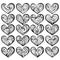 Outline set of heart shaped valentines for holiday decor, meditative coloring pages with waves and spirals