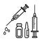 Outline set of syringes for injection with vaccine, vial of medicine, ampoule. Vector