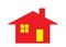 An outline shape symbol of a house home with chimney in red and yellow door and window