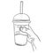 Outline sketch of hand hold drink in a plastic glass with a straw