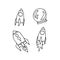 Outline space doodle sticker set. Rocket, space suit