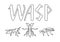 Outline style wasps set and lettering isolated illustration on white background