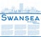 Outline Swansea Wales City Skyline with Blue Buildings and Copy Space