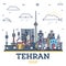 Outline Tehran Iran City Skyline with Colored Historic Buildings Isolated on White. Teheran Persia Cityscape with Landmarks