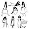 Outline of a tender girl with beautiful hair in a long dress in different movements