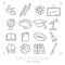 Outline thin black and white icons set. Education collection. Chemisrty, physics, mathematics, geography, astronomy, sport games a