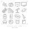 Outline thin black and white icons set. Education collection. Chemisrty, physics, mathematics, geography, astronomy, sport games a