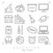 Outline thin black and white icons set. Education collection. Mathematics,  astronomy, sport games, computer and paint equipment,