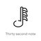 outline thirty second note vector icon. isolated black simple line element illustration from music and media concept. editable