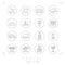 Outline travel line icons set in circles. Airplane, sun, bus, cloud horizon, mountains, yacht, hotel, rent car, luggage, do not di