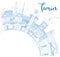 Outline Turin Italy City Skyline with Blue Buildings and Copy Space