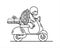Outline turtle is riding a scooter; slow delivery; a cute turtle in a helmet carries boxes on a moped; symbol of slowness;