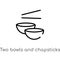 outline two bowls and chopsticks vector icon. isolated black simple line element illustration from tools and utensils concept.