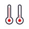 Outline two thermometers icons. Red hot temperature symbol. Vector EPS 10 illustration