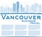 Outline Vancouver skyline with blue buildings and copy space.