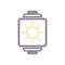 Outline vector smartwatch with warm and heat weather app icon. Meteorological symbol of sun with rays. Friendship call device