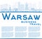 Outline Warsaw skyline with blue buildings and copy space.