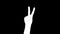 Outline white sketch of hand showing two fingers gesture sign victory on black background.