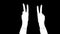 Outline white sketch of hands showing two fingers gesture sign victory on black background.