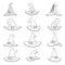 Outline witch hat decoration halloween icons set isolated cartoon lineart design vector illustration
