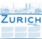 Outline Zurich Skyline with Blue Buildings and Copy Space.