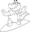 Outlined Alligator Or Crocodile Cartoon Mascot Character Surfing