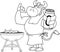 Outlined Bull Bbq Chef Cartoon Mascot Character Grilling Sausages Holding A Beer Can