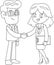 Outlined Business Man And Woman Cartoon Characters Shaking Hands At Meeting
