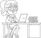 Outlined Business Woman Cartoon Character Sitting On The Desk With A Laptop And Documents