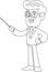 Outlined Businessman Cartoon Character Gesturing With A Pointer Stick