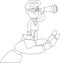 Outlined Businessman Cartoon Character With A Handheld Telescope On Robot Arm