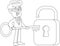 Outlined Businessman Cartoon Character Holding Key To Unlock Secret Lock To Success