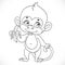 Outlined cute baby monkey with banana stand on a white backgroun