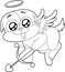 Outlined Cute Dog Cupid Cartoon Character With Bow And Arrow Flying
