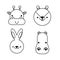 Outlined cute hippo face, tiger faced, rabbit face, giraffe face . Little in cartoon style