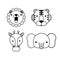 Outlined cute lion face, tiger faced, elephant face, giraffe face . Little in cartoon style